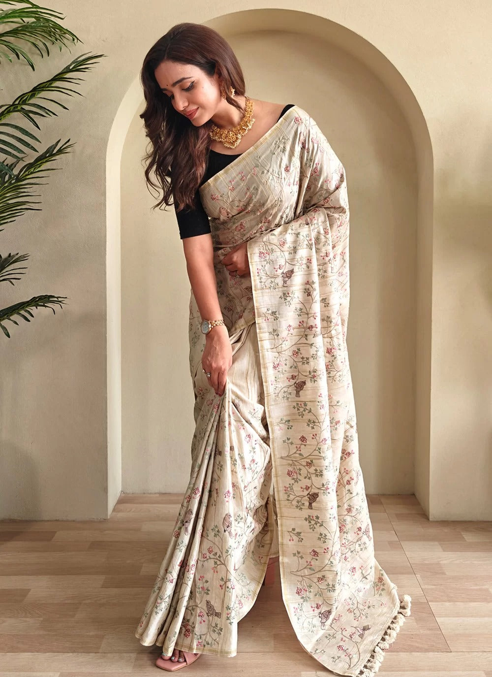 Designer Tussar Silk Saree in Cream with Embroidery & Gold Zari Border