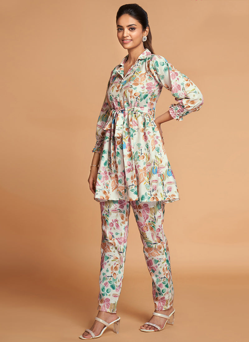 Cream Rayon Casual Wear Printed Work cordset for women