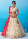 Cream Tissue Embroidered Lehenga with Pink Dupatta