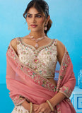 Cream Wedding Lehenga for Women with Pink Tissue Dupatta
