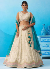 Cream Wedding Lehenga for Women with Rama Tissue Dupatta