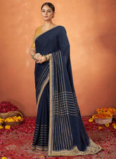 Crepe Silk Blue Sequence Embroidered Party Wear Saree
