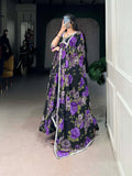 Purple Color Floral Printed And Paper Mirror Lace Georgette Gown