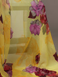 Floral fabric with pink and red flowers on a yellow background