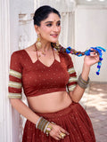 Rust Orange Color Zari Weaving Work With Embossed Design Chanderi Lehenga Choli