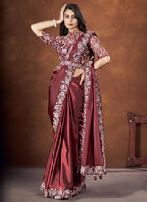Dark Brown Crepe Satin Silk Saree with Organza Silk Stitched Blouse