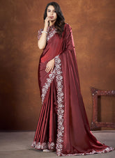 Dark Brown Crepe Satin Silk Saree with Organza Silk Stitched Blouse
