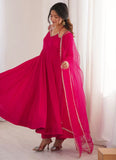 Dark pink designer Anarkali with lace yoke and mirror lace dupatta