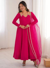 Dark pink Roman Silk Chanderi Anarkali suit with net dupatta