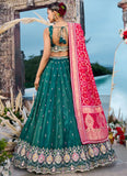 green cosmos silk lehenga with sequin & coding embroidery paired with red banarasi silk dupatta, perfect for marriage and wedding functions