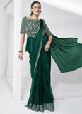 Designer ready to wear green satin silk saree with handwork