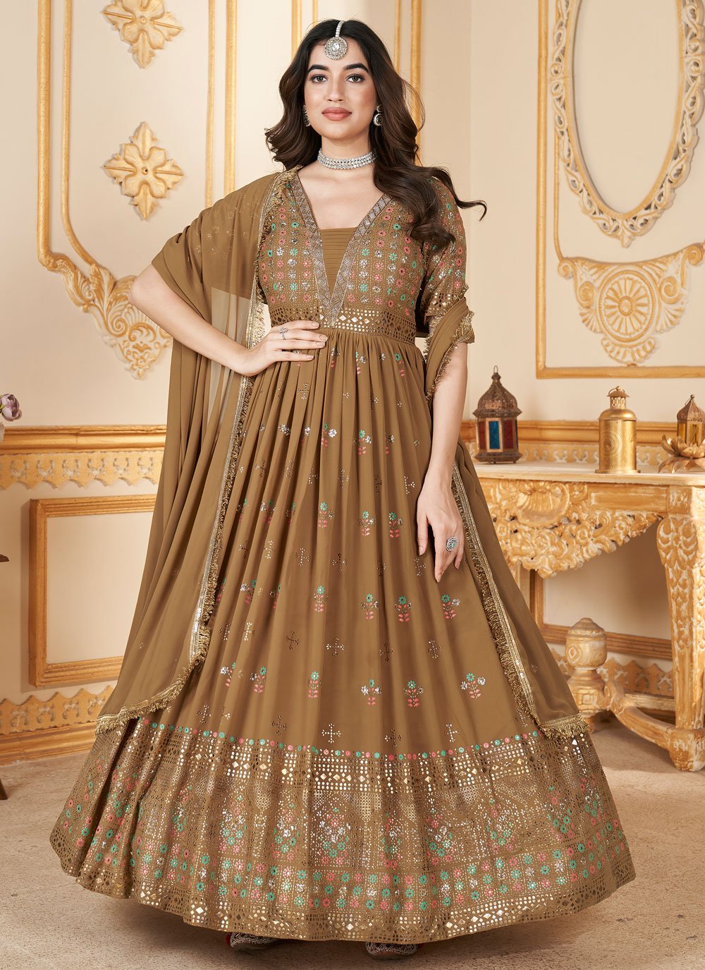 Designer Mustard Faux Georgette Readymade Anarkali Gown