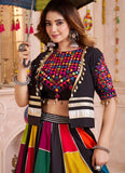 Black kutchi patch work choli with mirror embroidery and kodi