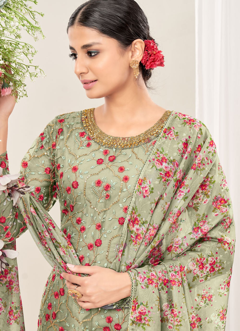 Designer Net Embroidery Punjabi Salwar Suit In Green