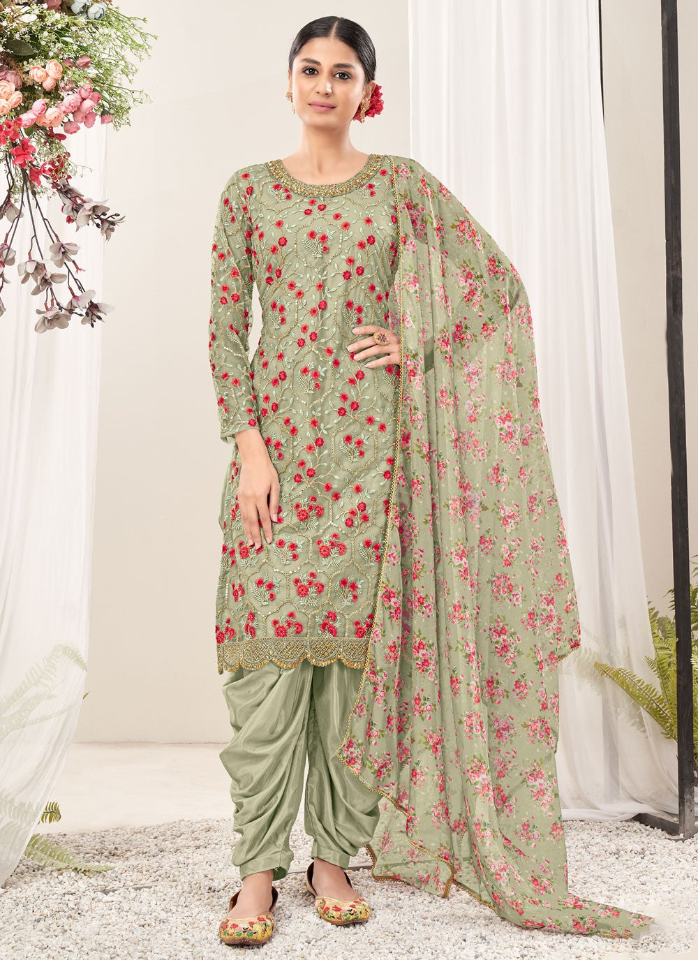 Designer Net Embroidery Punjabi Salwar Suit In Green