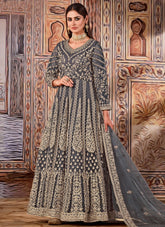 Designer Net Heavy Embroidery Anarkali Suit In Grey