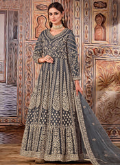 Designer Net Heavy Embroidery Anarkali Suit In Grey