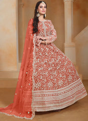 Orange Designer Net Anarkali Suit for Women