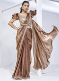 Elegant brown satin silk designer ready to wear saree for women