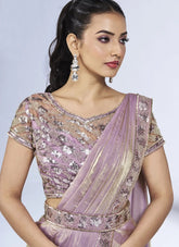 Designer ready to wear lavender satin silk one-minute saree with handwork