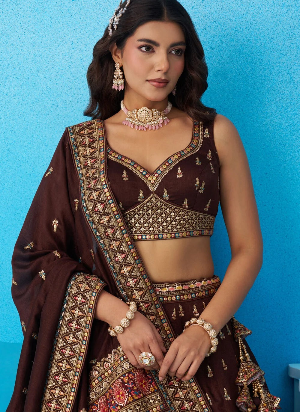 Designer Reception Lehenga in Coffee Chinnon Silk