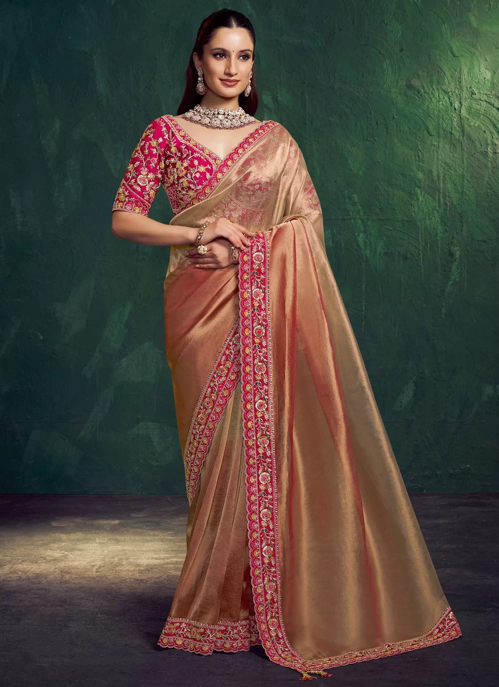 Designer Party Wear Saree in Rose Gold | Tissue Silk