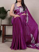 Pink satin silk saree with floral print