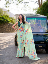 Pista color marbal saree with floral print