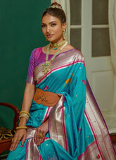 Designer Women's Teal Pure Paithani Silk Saree With Running Blouse