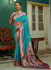 Designer Women's Teal Pure Paithani Silk Saree With Running Blouse
