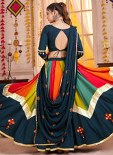 Multicolor teal blue mirror work chaniya choli for Garba 2025