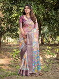 Pastel Beige Tussar Silk Saree with Vibrant Floral Motifs and Zari Border