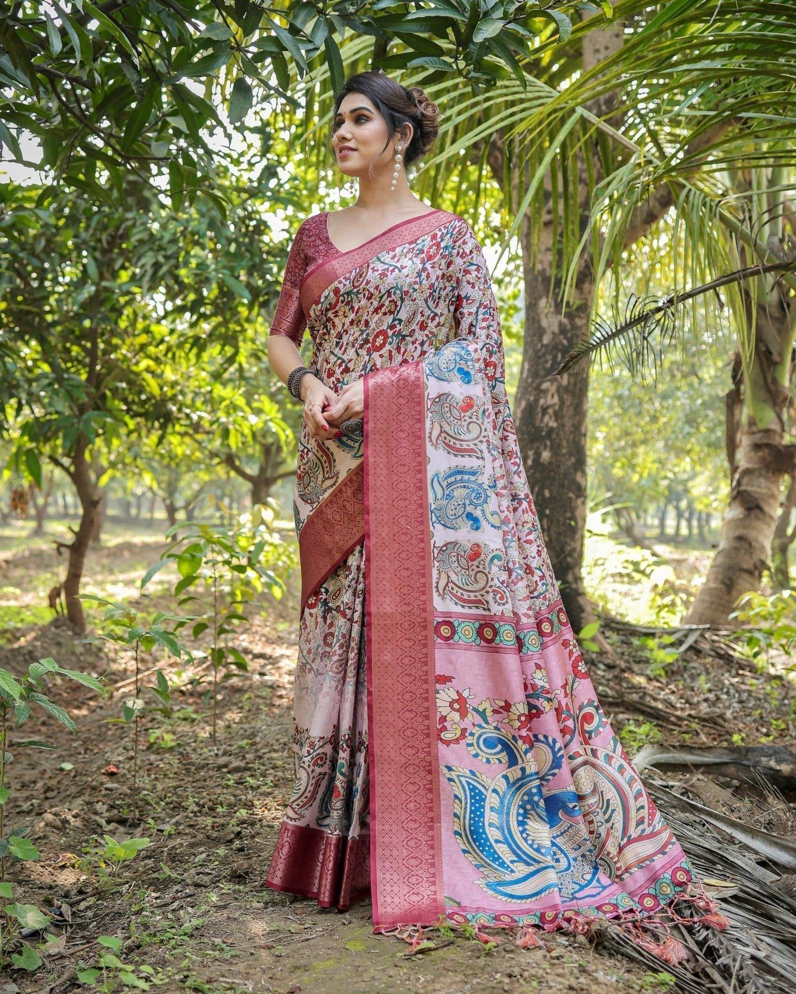 Blush Pink Pure Tussar Silk Saree with Zari Woven Maroon Border and Digital Prints