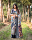 Sky Blue & Navy Tussar Silk Saree with Floral Digital Print, Zari Border & Tassel Pallu
