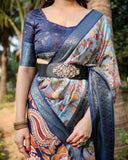 Sky Blue & Navy Tussar Silk Saree with Floral Digital Print, Zari Border & Tassel Pallu