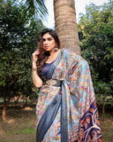 Sky Blue & Navy Tussar Silk Saree with Floral Digital Print, Zari Border & Tassel Pallu