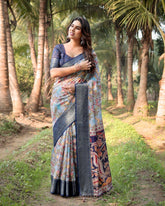 Sky Blue & Navy Tussar Silk Saree with Floral Digital Print, Zari Border & Tassel Pallu