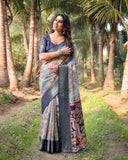 Sky Blue & Navy Tussar Silk Saree with Floral Digital Print, Zari Border & Tassel Pallu