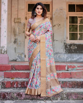 Elegant Gray Floral Digital Print Tussar Silk Saree with Zari Border & Ornamental Pallu