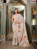 Off white printed saree with matching blouse fabric