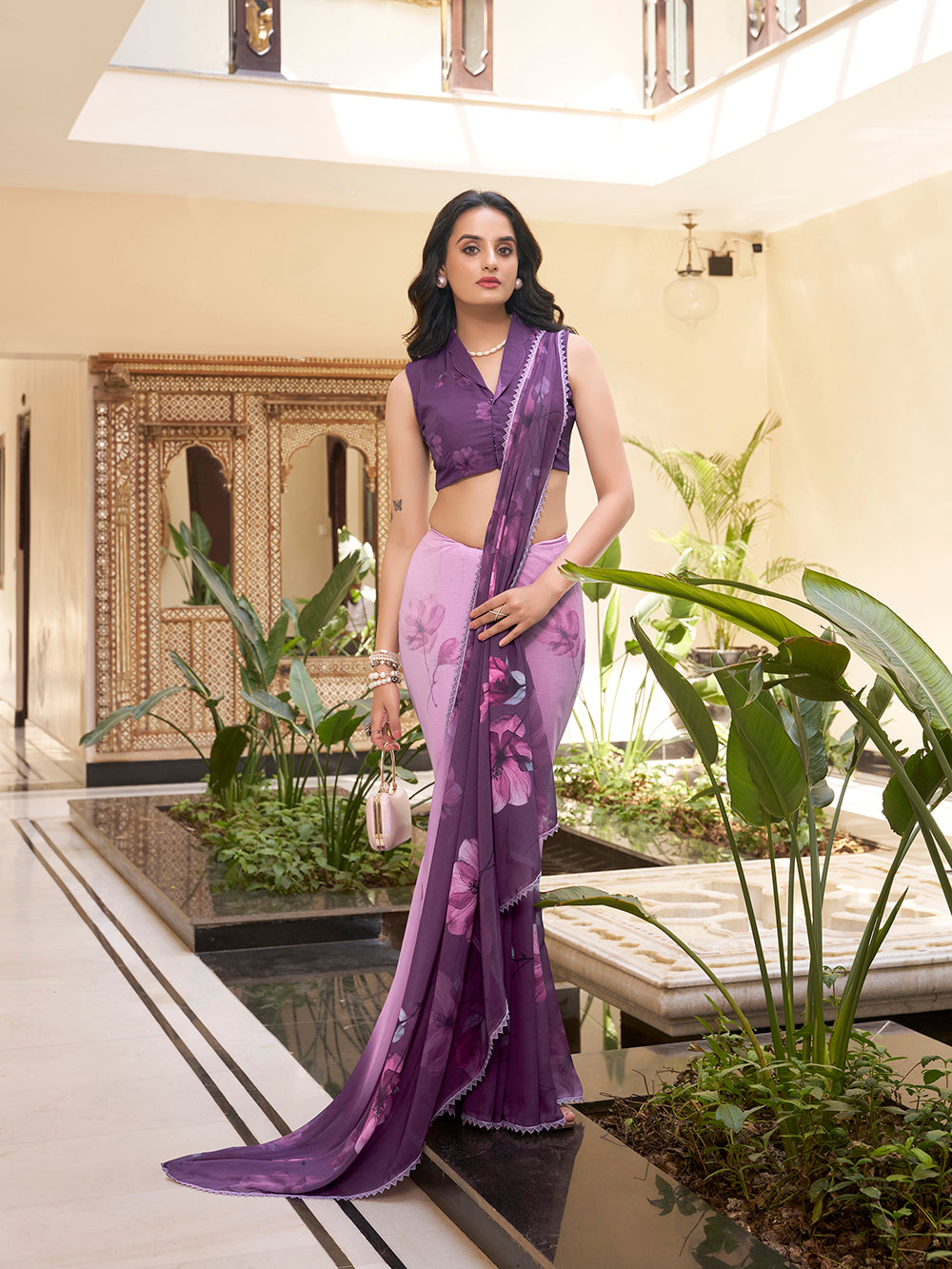 Lavender floral printed marbal saree