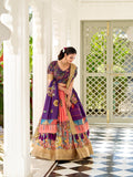 Peach lehenga with purple dupatta