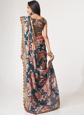 Dove Blue Organza Sequins Embroidered Digital Print Saree