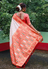 Durga Puja Special Soft Silk Saree | White Red Meenakari Butti Work