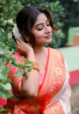 Durga Puja soft silk saree with white red meenakari butti work