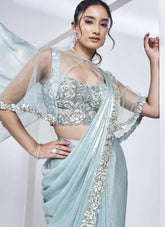Radiant aqua blue satin silk ready to wear saree | Handwork design for women