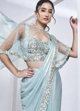 Radiant aqua blue satin silk ready to wear saree | Handwork design for women