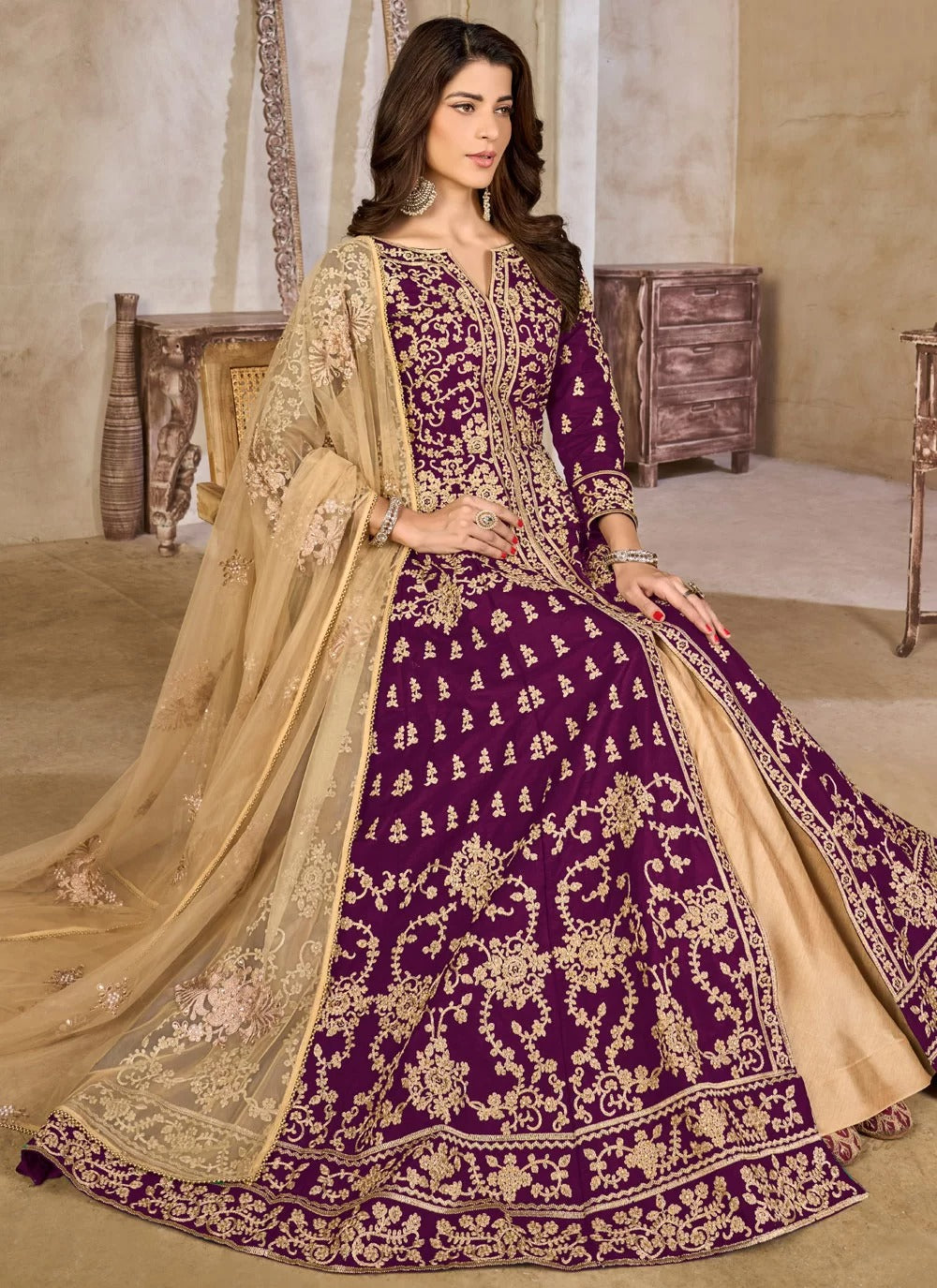Purple Art Silk Embroidered Eid Special Suit with Net Dupatta
