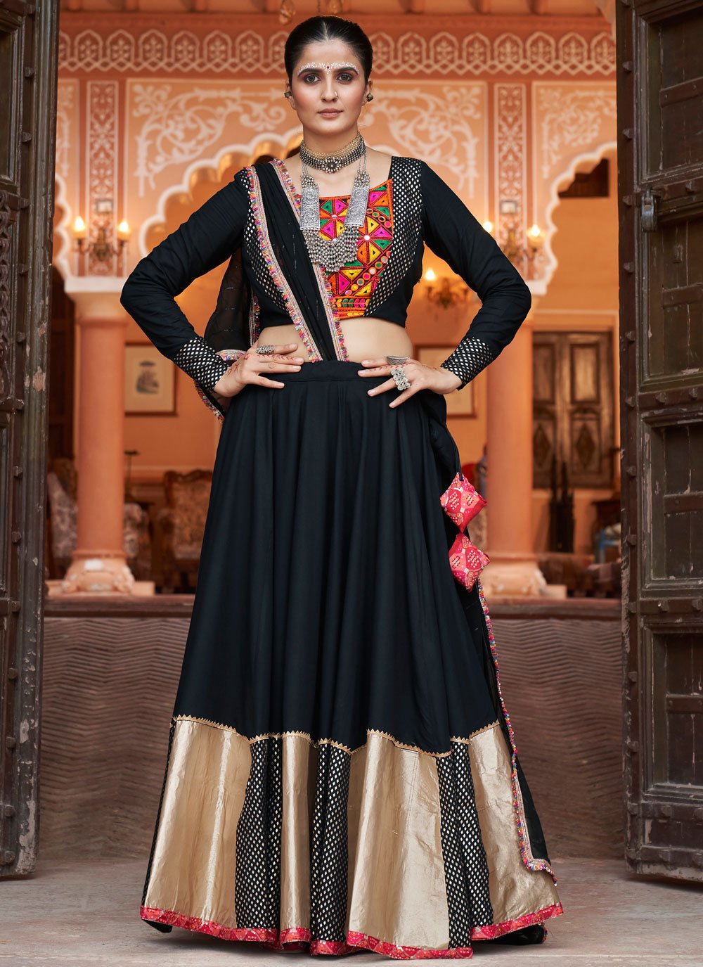 Elegant Black Navratri Chaniya Choli with Mirror Work In Viscose Rayon