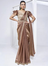 brown satin silk ready-to-wear saree with handwork, designer pre-stitched saree for party and festive wear